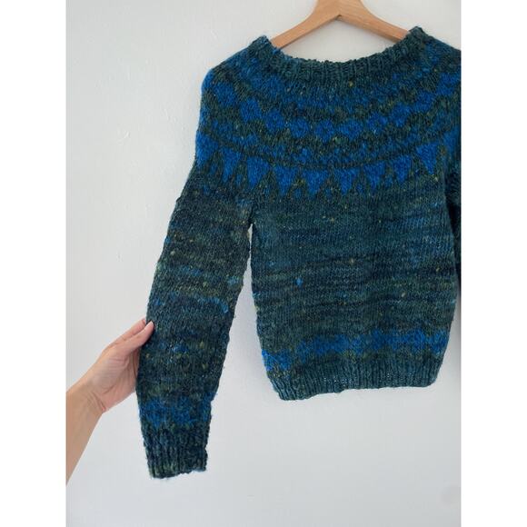 Vtg 80's Handknit Aquamarine Spaceknit Chunky Pullover Sweater Cozy Grunge - Picture 10 of 10